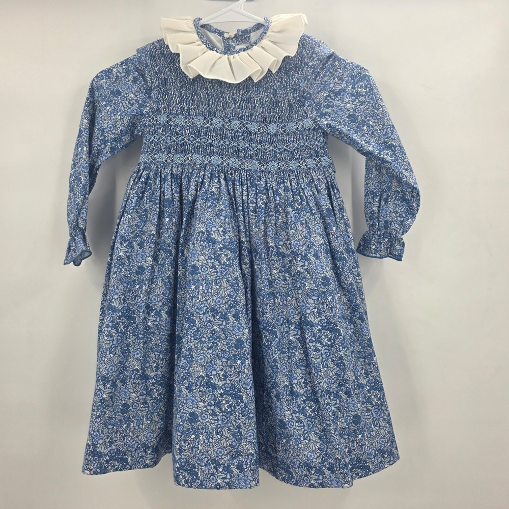 NEW PEPA LONDON DAPHNE FLORAL SMOCKED DRESS GIRLS 6Y BLUE FRILL LONG SLEEVE $410 - Picture 2 of 16